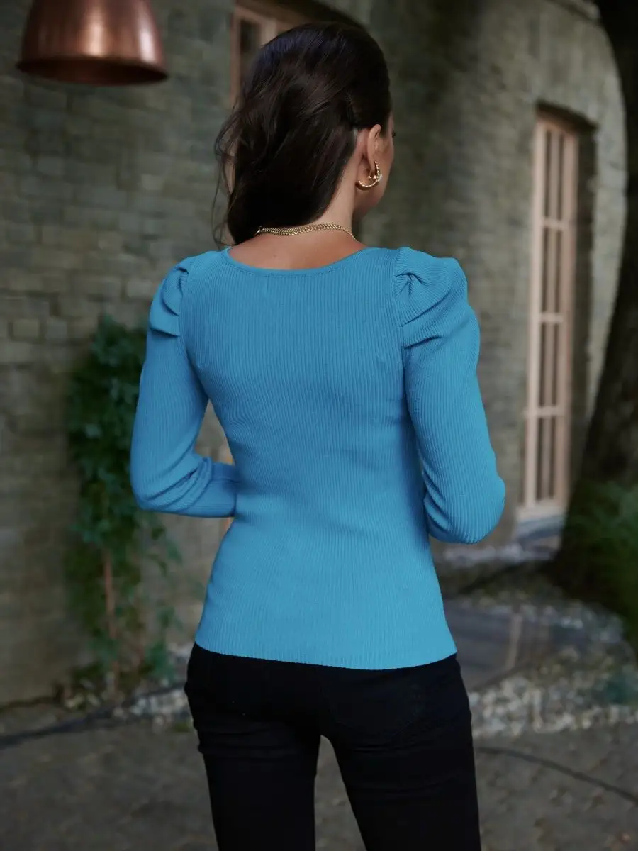Синяя кофта женская с длинным рукавом короткая лапша трикотажная