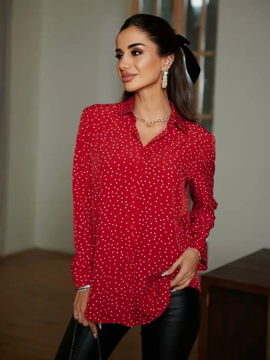 Красная блузка женская праздничная вечерняя нарядная в горошек