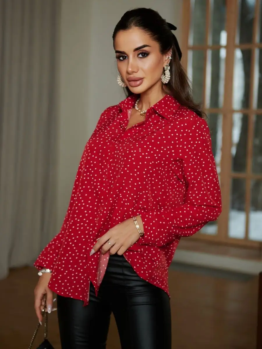 Красная блузка женская праздничная вечерняя нарядная в горошек