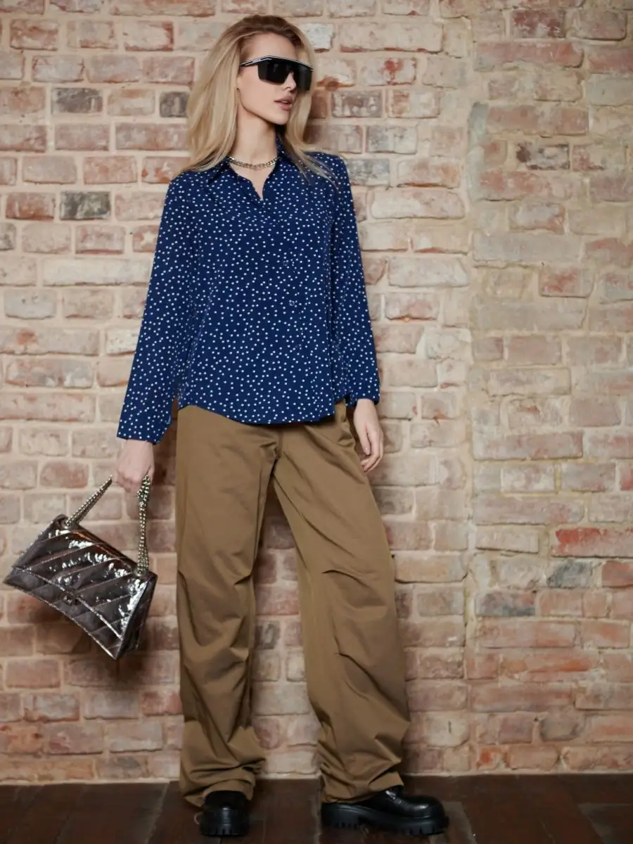 Синяя блузка женская праздничная вечерняя нарядная в горошек