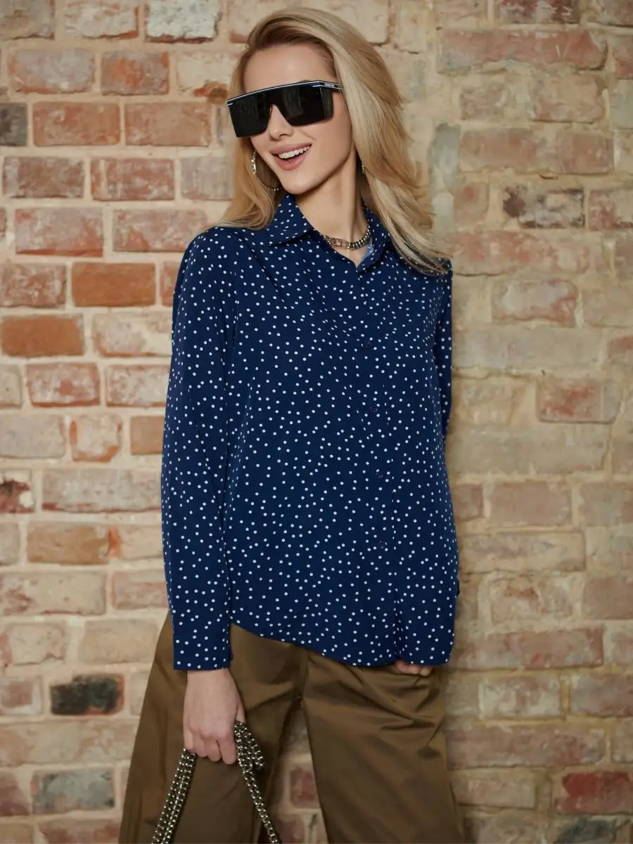 Синяя блузка женская праздничная вечерняя нарядная в горошек