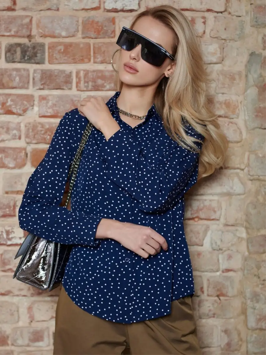 Синяя блузка женская праздничная вечерняя нарядная в горошек