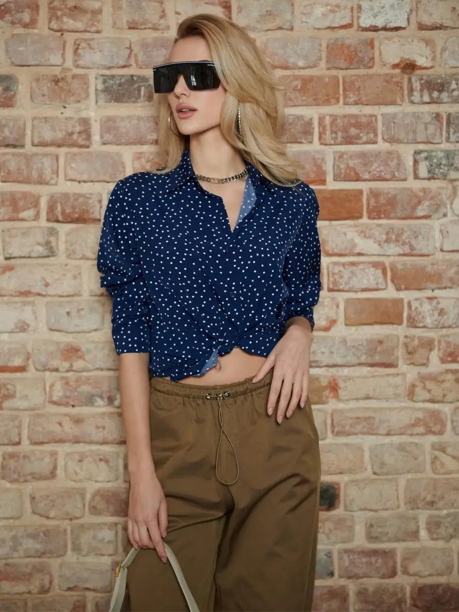 Синяя блузка женская праздничная вечерняя нарядная в горошек