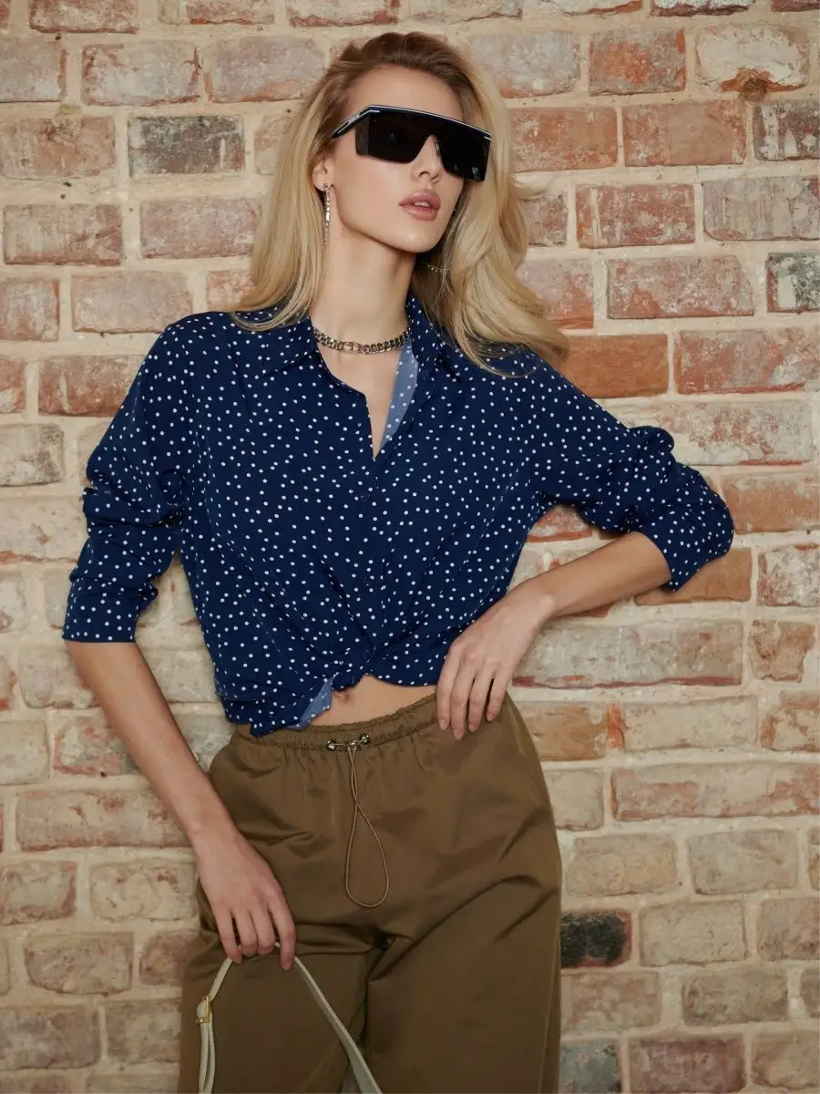 Синяя блузка женская праздничная вечерняя нарядная в горошек