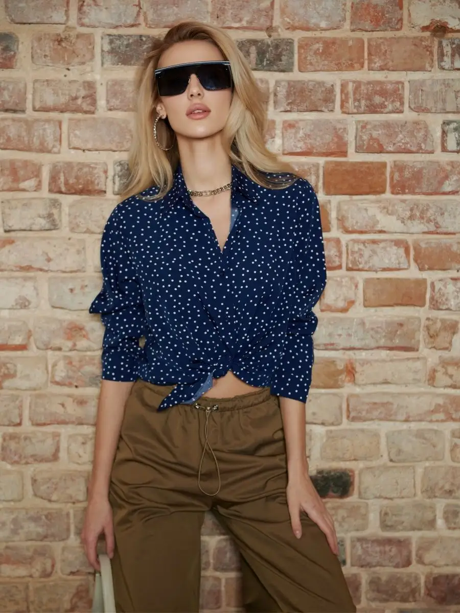 Синяя блузка женская праздничная вечерняя нарядная в горошек