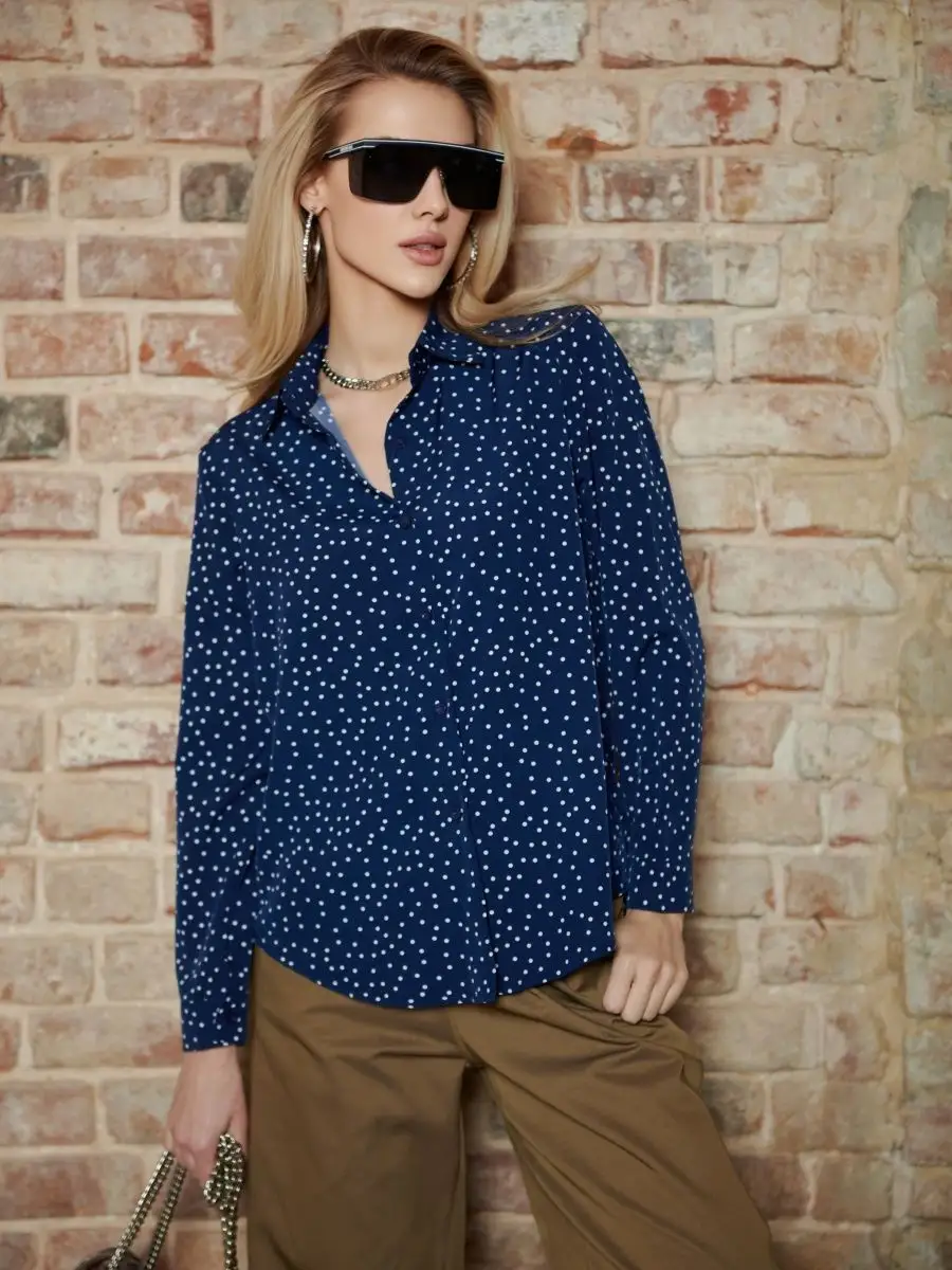 Синяя блузка женская праздничная вечерняя нарядная в горошек