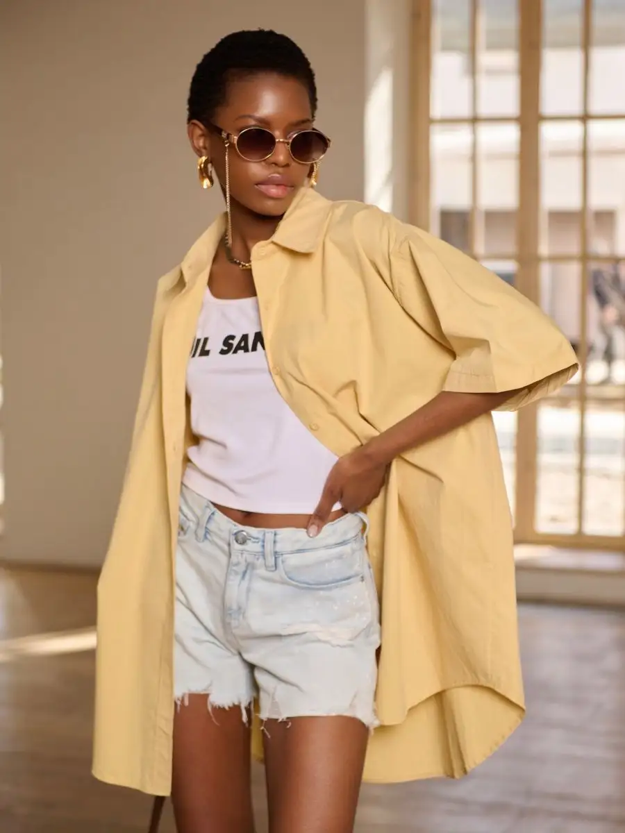 Бежевая рубашка оверсайз удлиненная