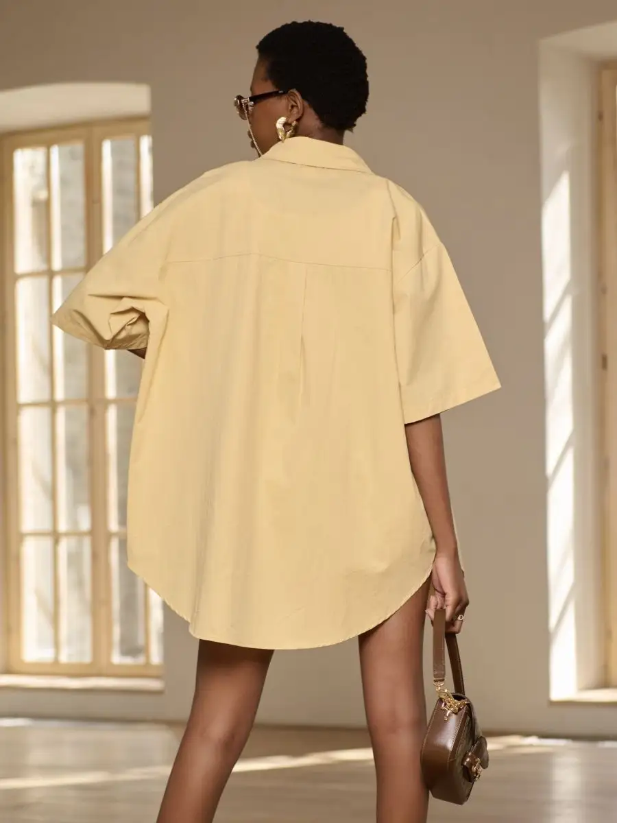 Бежевая рубашка оверсайз удлиненная