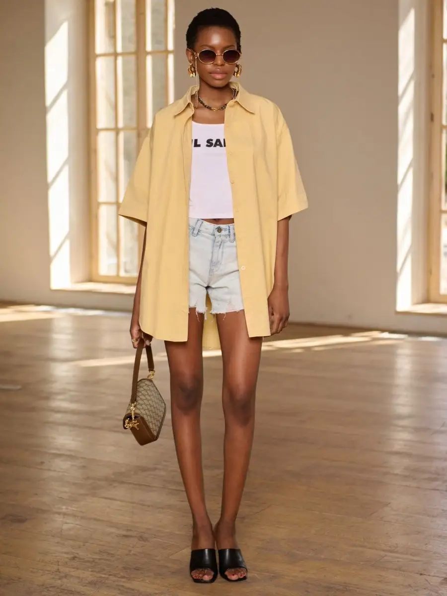 Бежевая рубашка оверсайз удлиненная