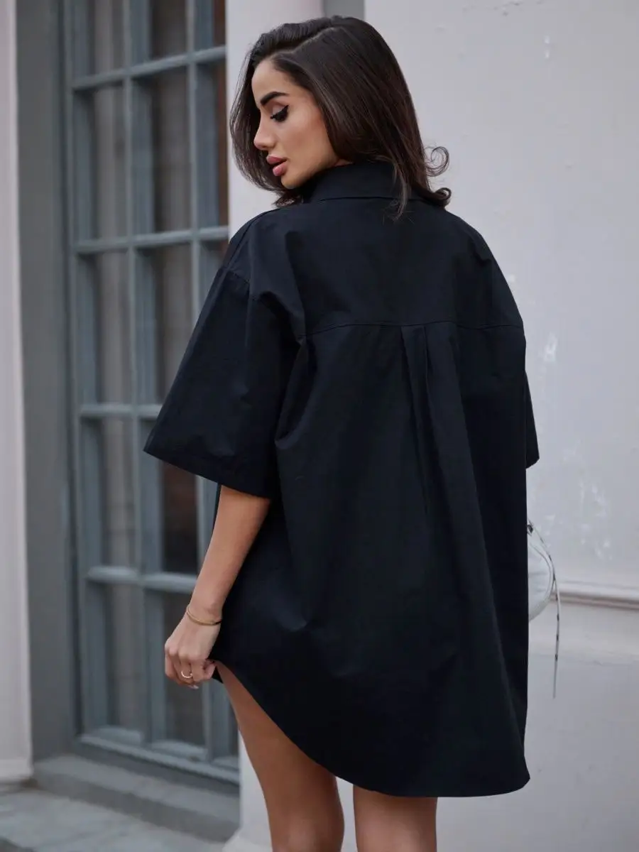 Черная рубашка оверсайз удлиненная