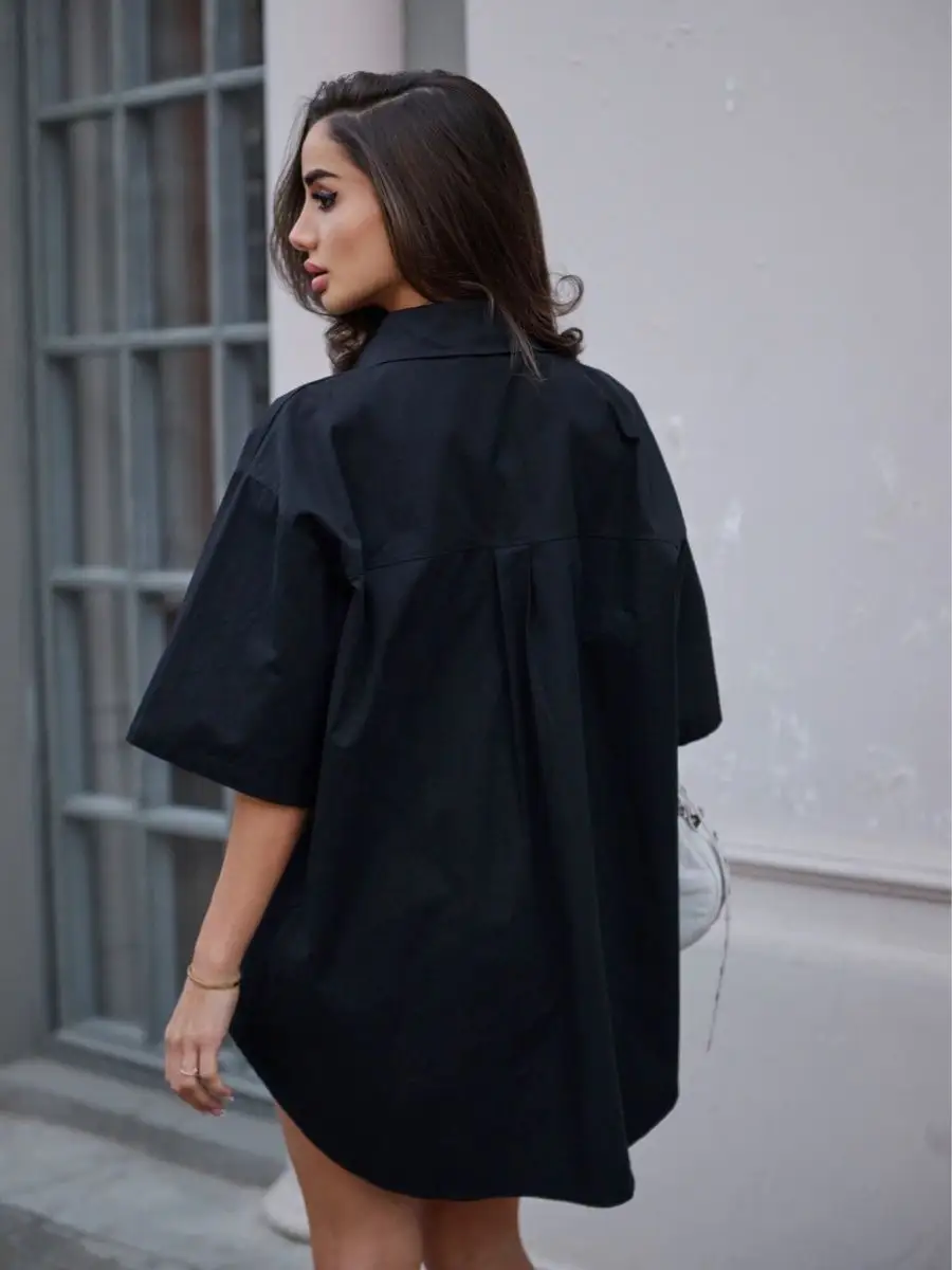 Черная рубашка оверсайз удлиненная