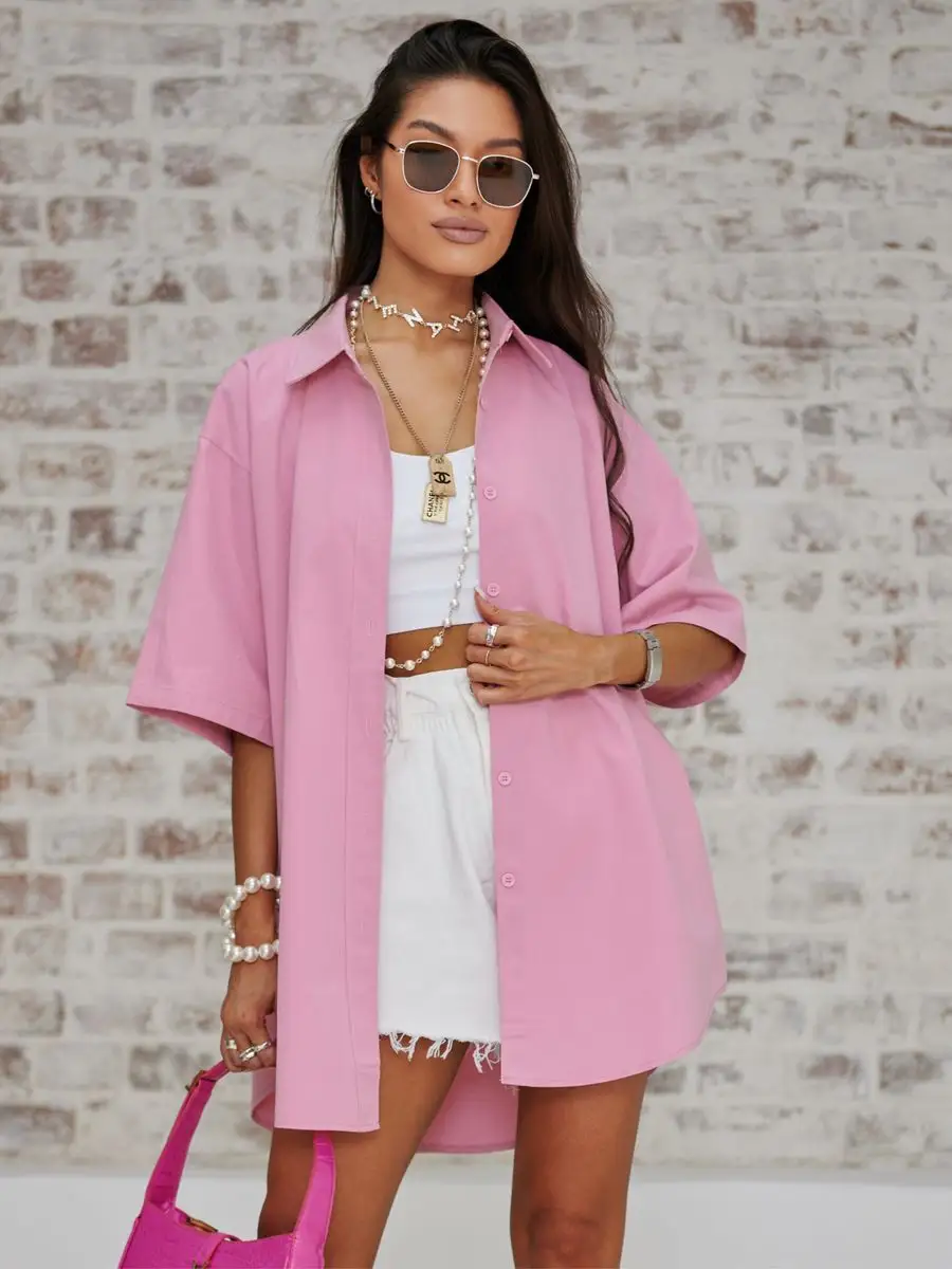 Розовая рубашка оверсайз удлиненная