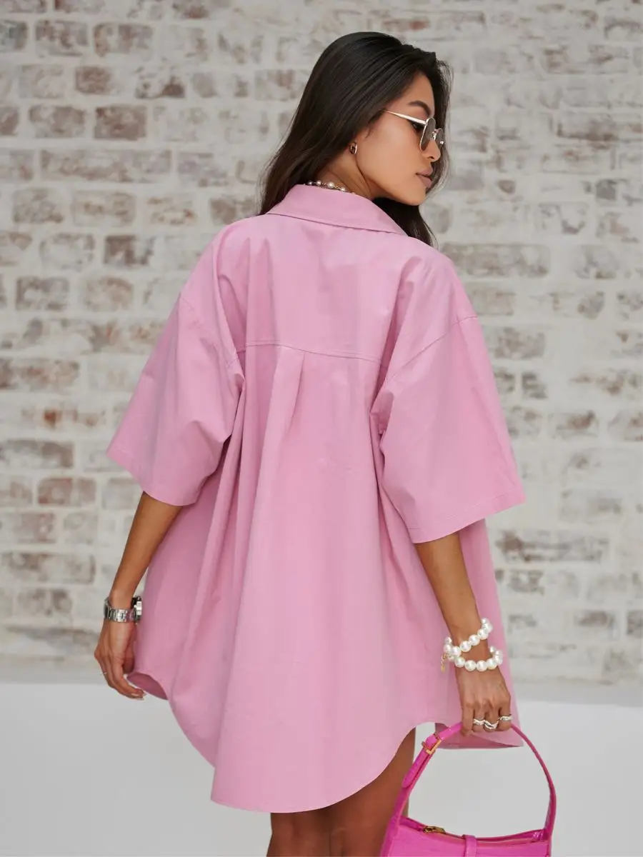 Розовая рубашка оверсайз удлиненная