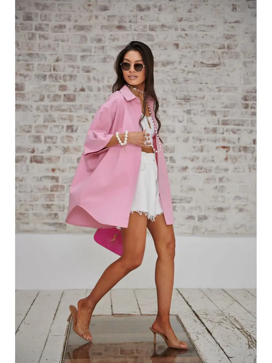 Розовая рубашка оверсайз удлиненная