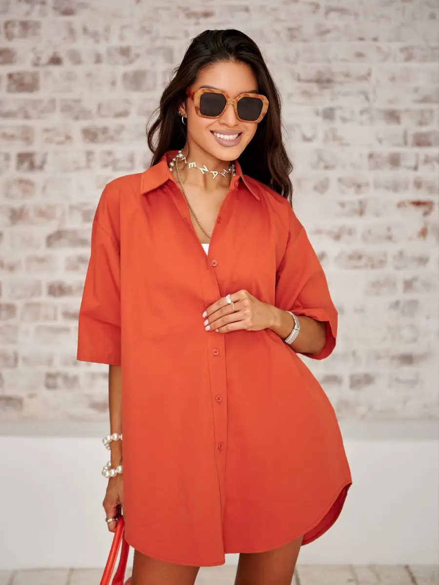 Кирпичная рубашка оверсайз удлиненная