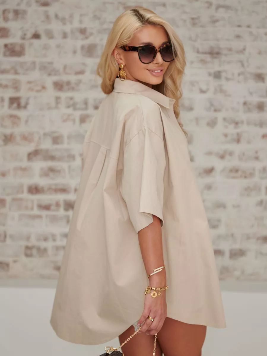 Темно-бежевая рубашка оверсайз удлиненная