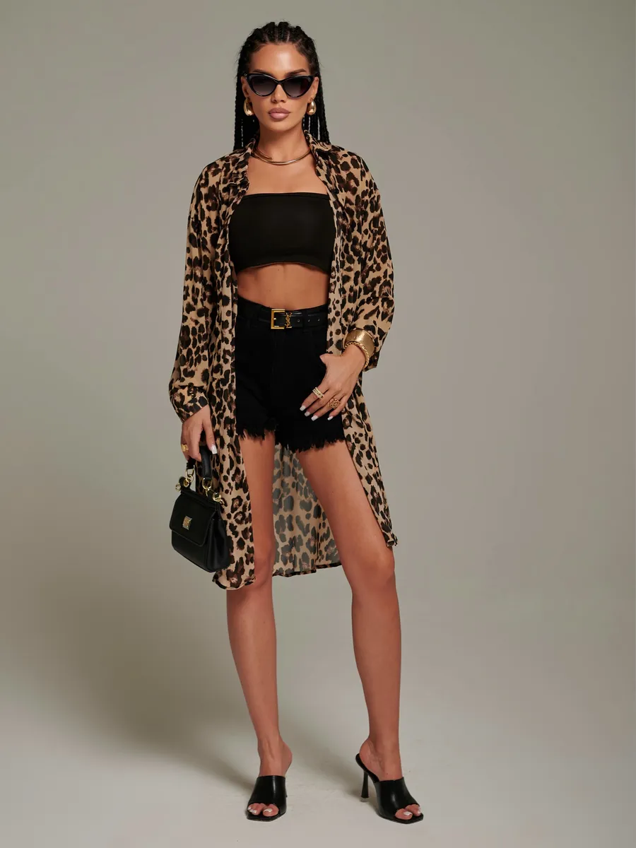 Леопардовая рубашка оверсайз удлиненная леопард