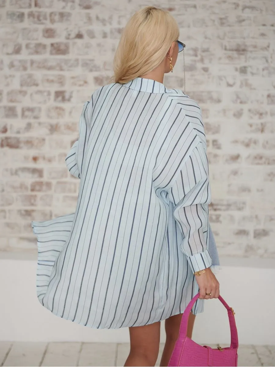 Голубая рубашка оверсайз удлиненная в полоску