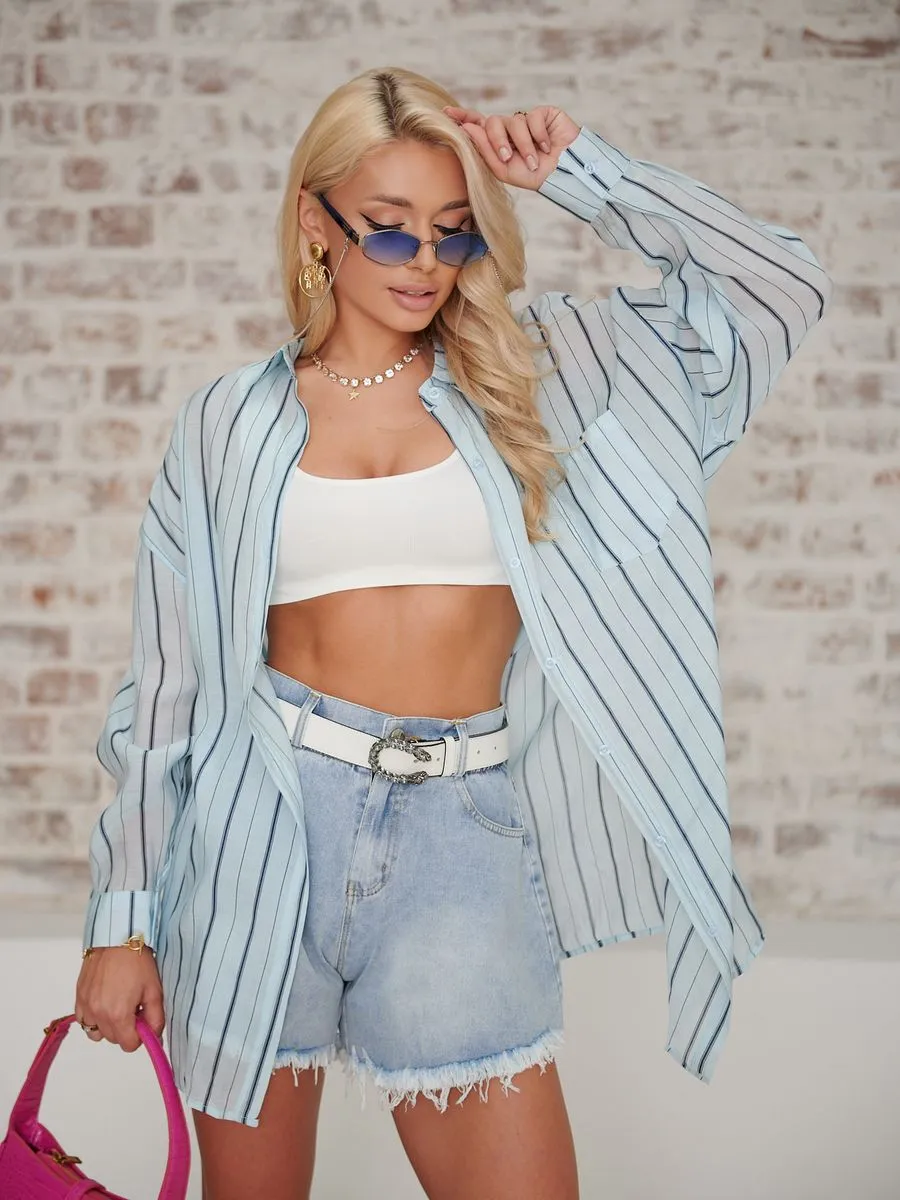 Голубая рубашка оверсайз удлиненная в полоску