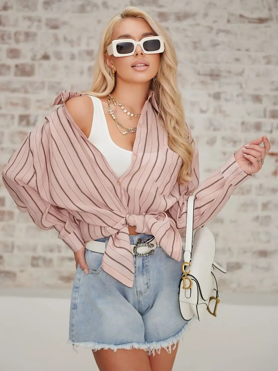 Розовая рубашка оверсайз удлиненная в полоску