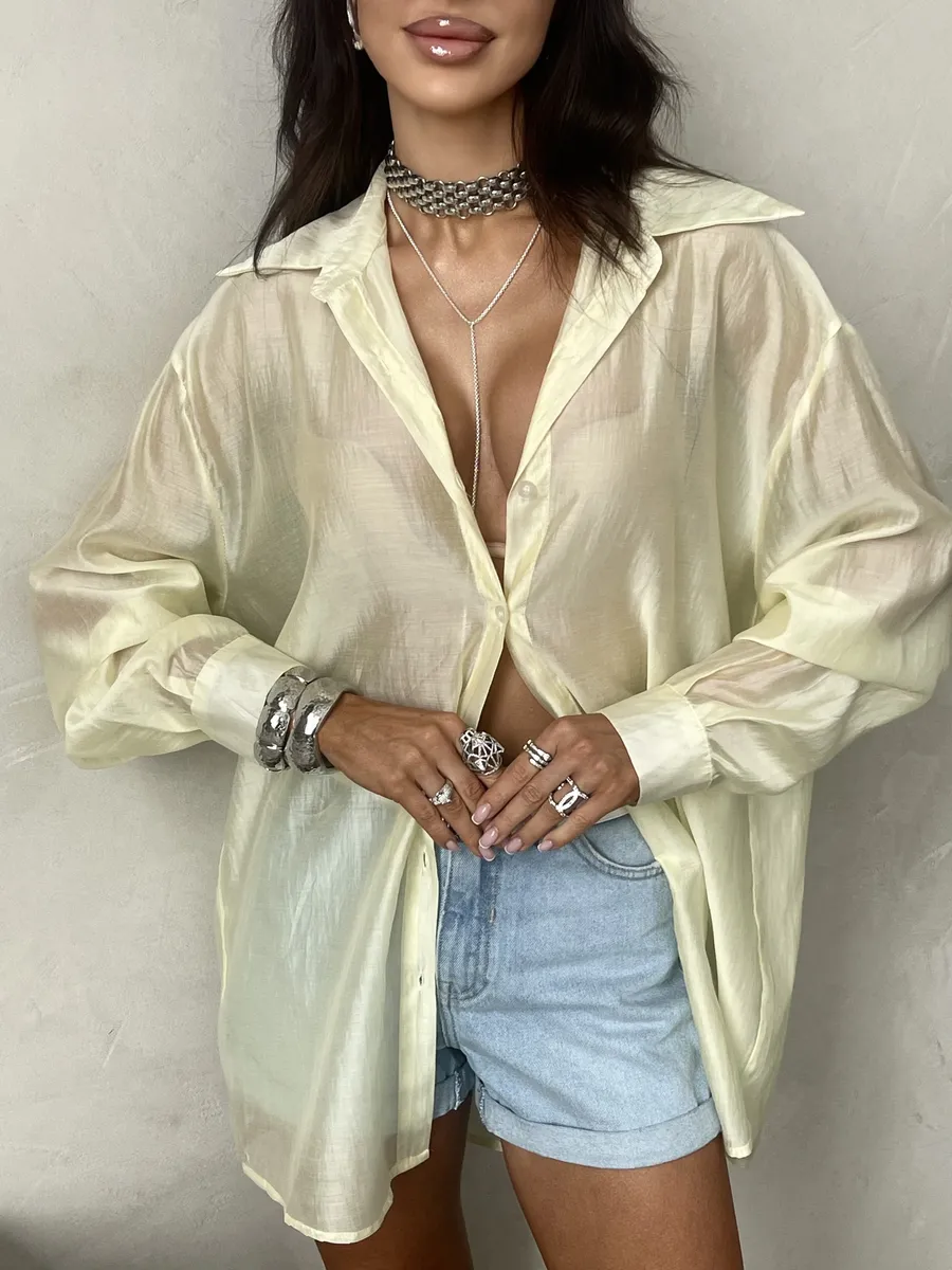 Желтая рубашка оверсайз удлиненная