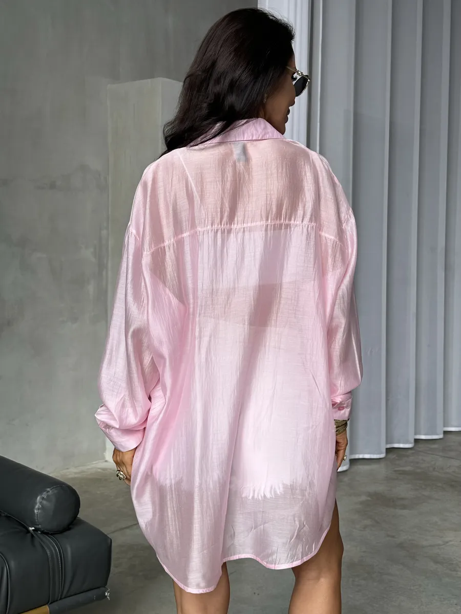 Розовая рубашка оверсайз удлиненная