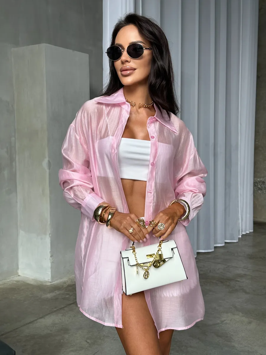 Розовая рубашка оверсайз удлиненная