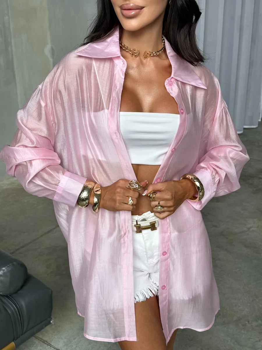 Розовая рубашка оверсайз удлиненная