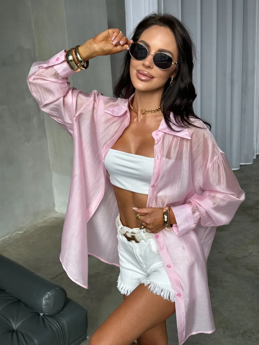 Розовая рубашка оверсайз удлиненная