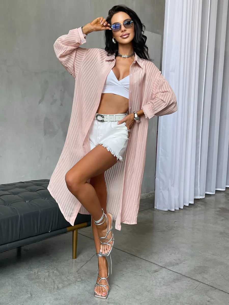 Розовая рубашка оверсайз удлиненная в полоску
