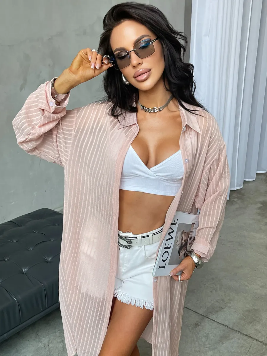 Розовая рубашка оверсайз удлиненная в полоску