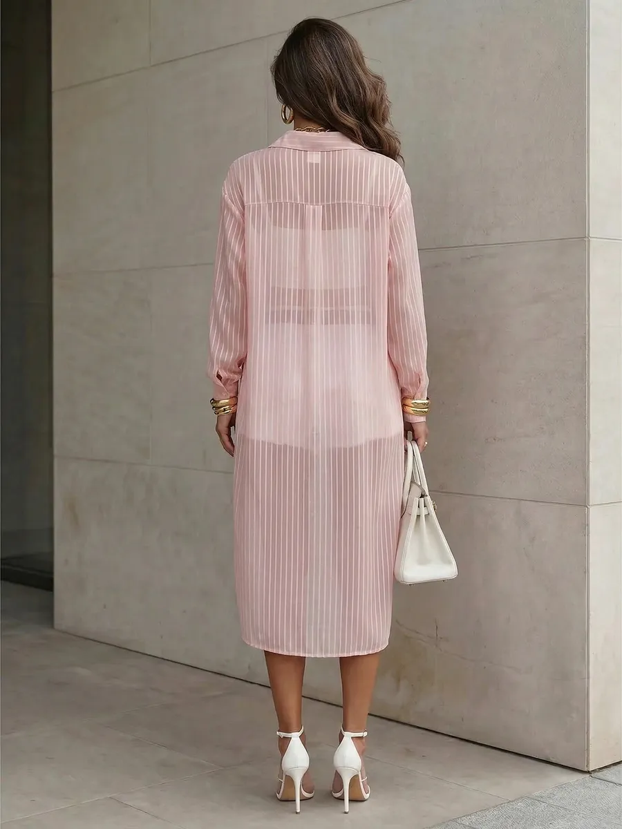 Розовая рубашка оверсайз удлиненная в полоску