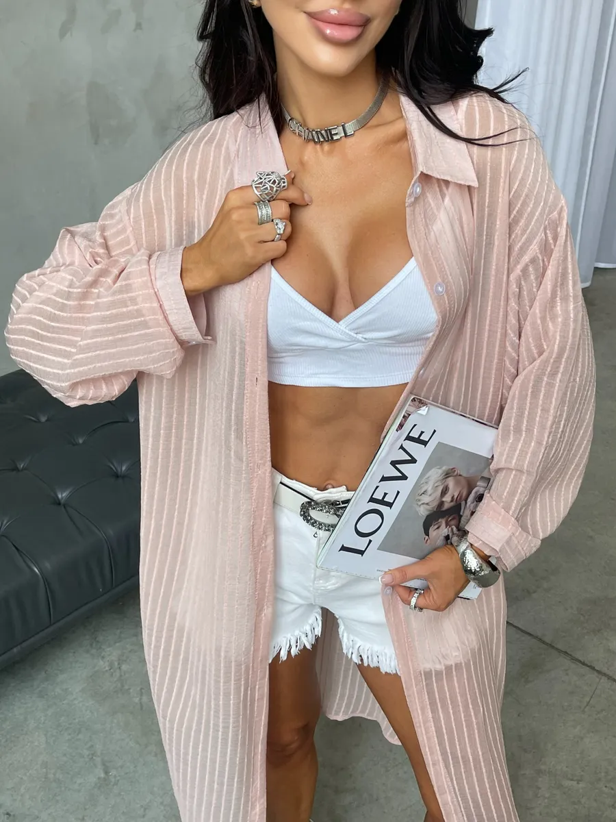 Розовая рубашка оверсайз удлиненная в полоску