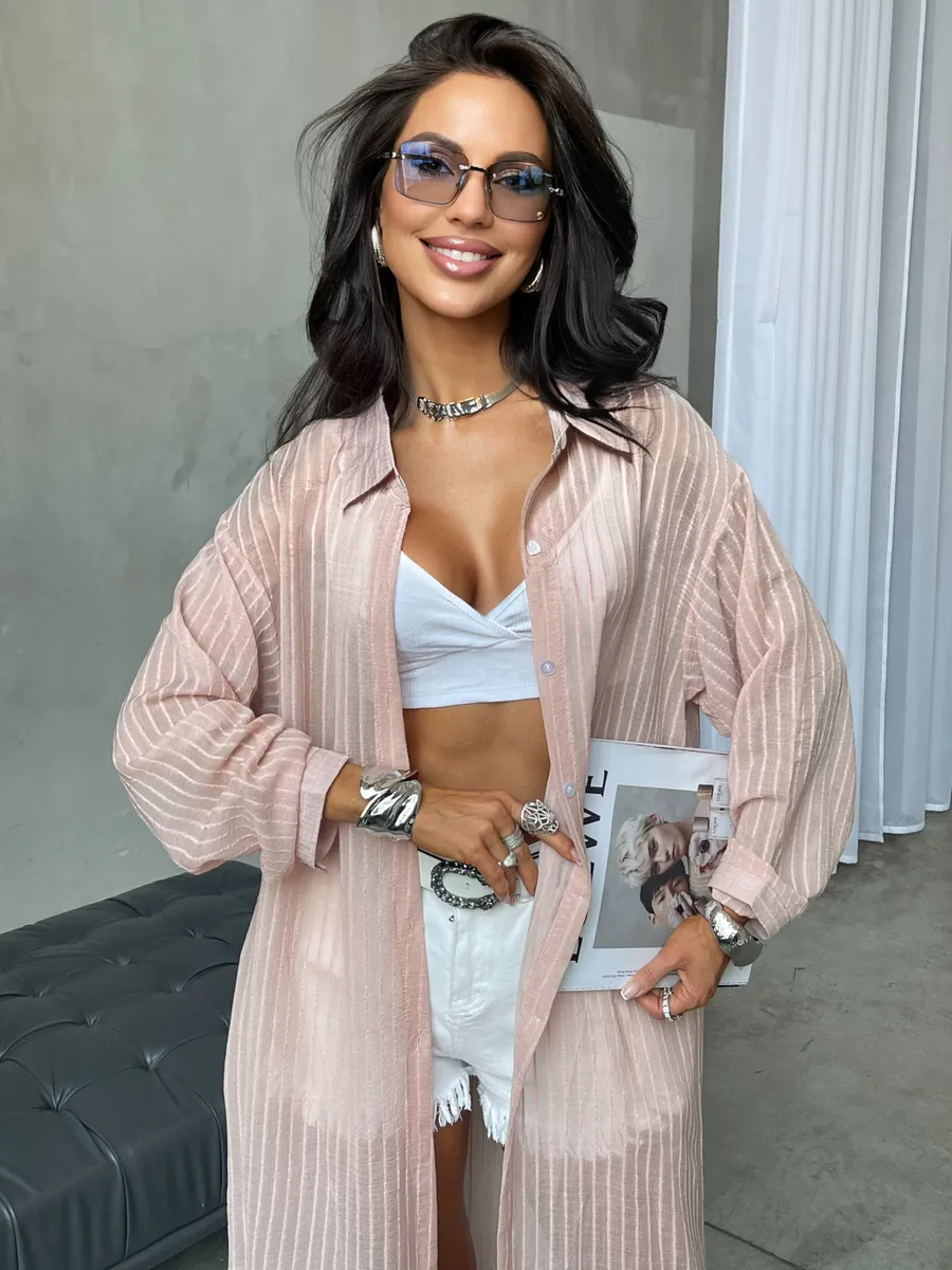 Розовая рубашка оверсайз удлиненная в полоску