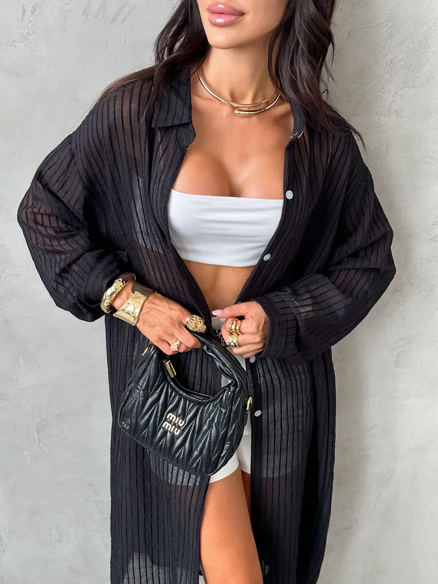 Черная рубашка оверсайз удлиненная в полоску