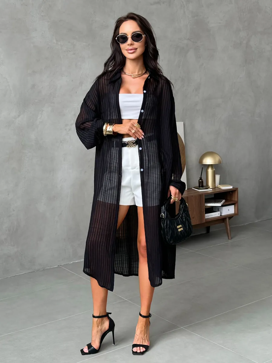 Черная рубашка оверсайз удлиненная в полоску