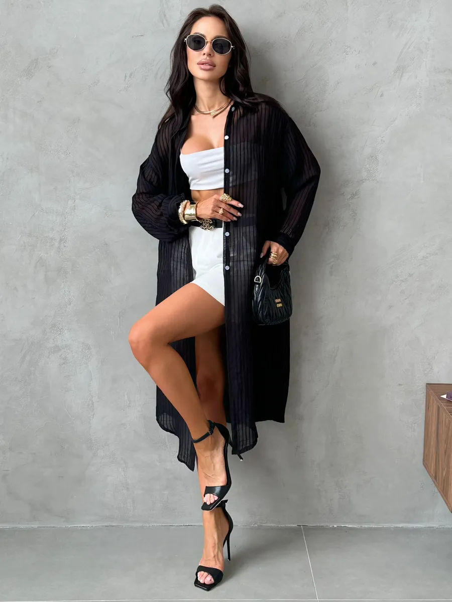 Черная рубашка оверсайз удлиненная в полоску