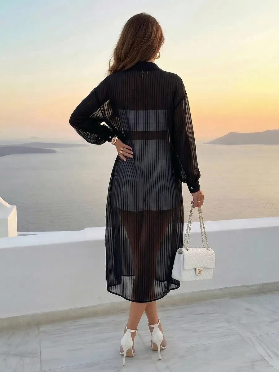 Черная рубашка оверсайз удлиненная в полоску