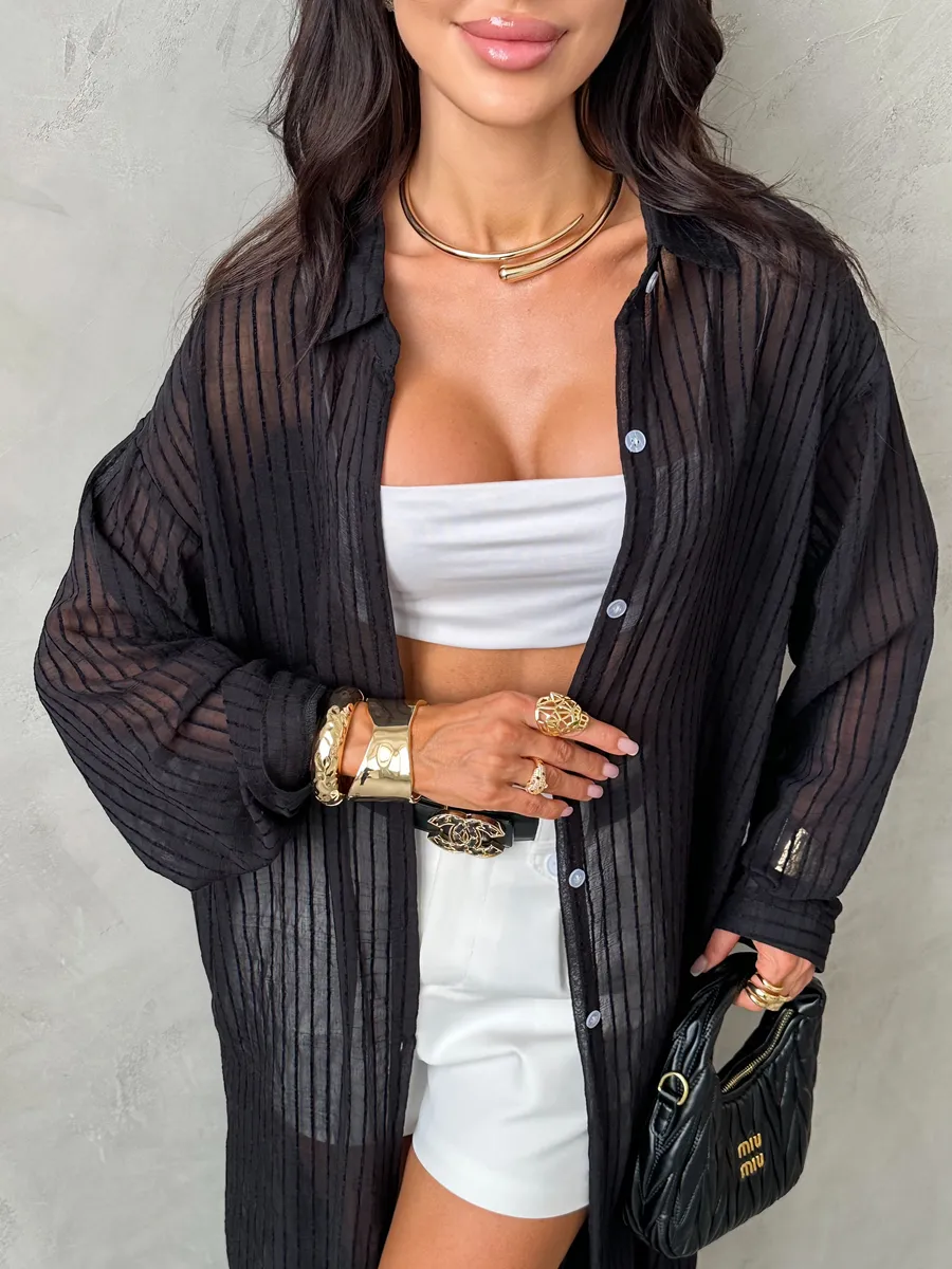 Черная рубашка оверсайз удлиненная в полоску