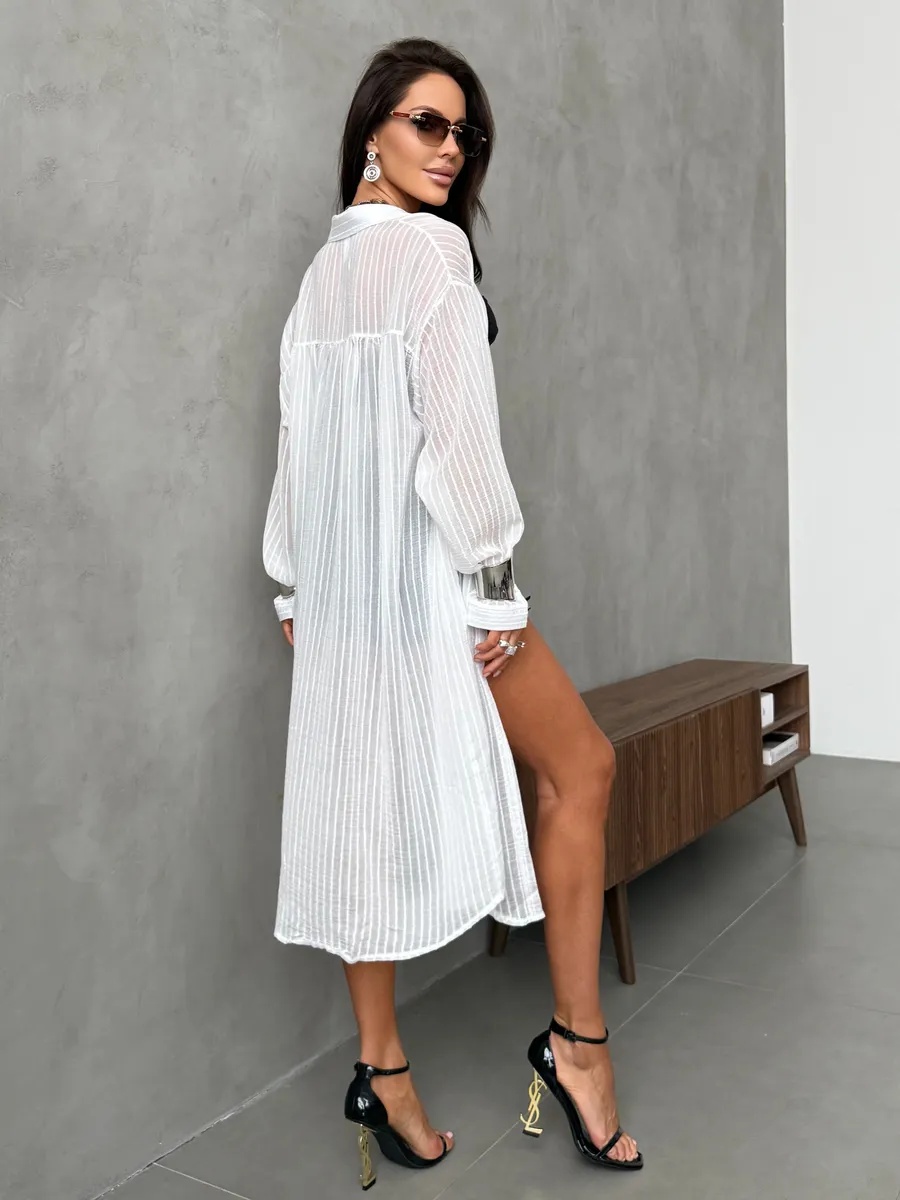 Белая рубашка оверсайз удлиненная в полоску