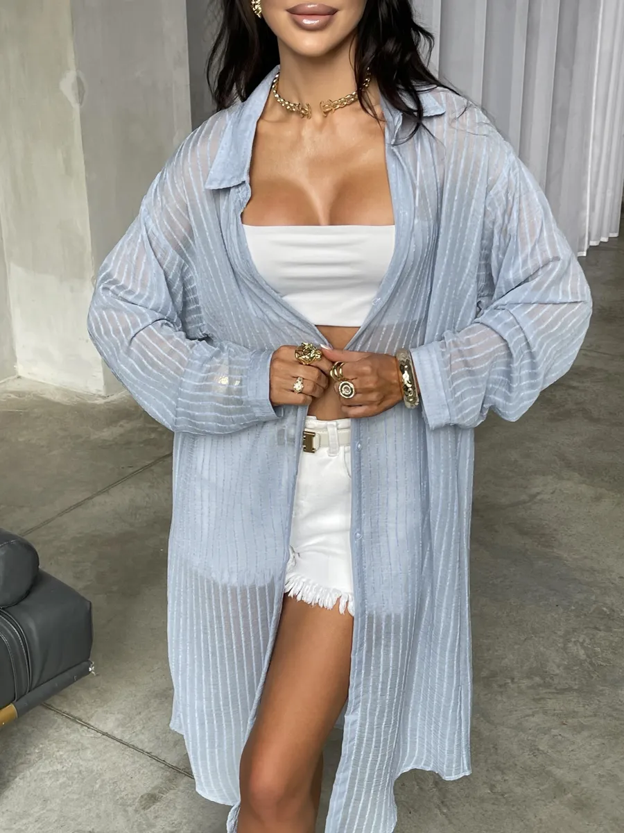 Голубая рубашка оверсайз удлиненная в полоску