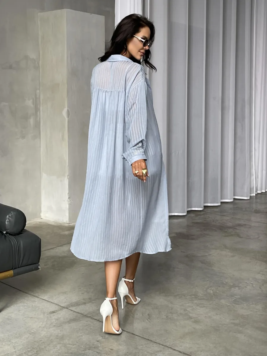 Голубая рубашка оверсайз удлиненная в полоску