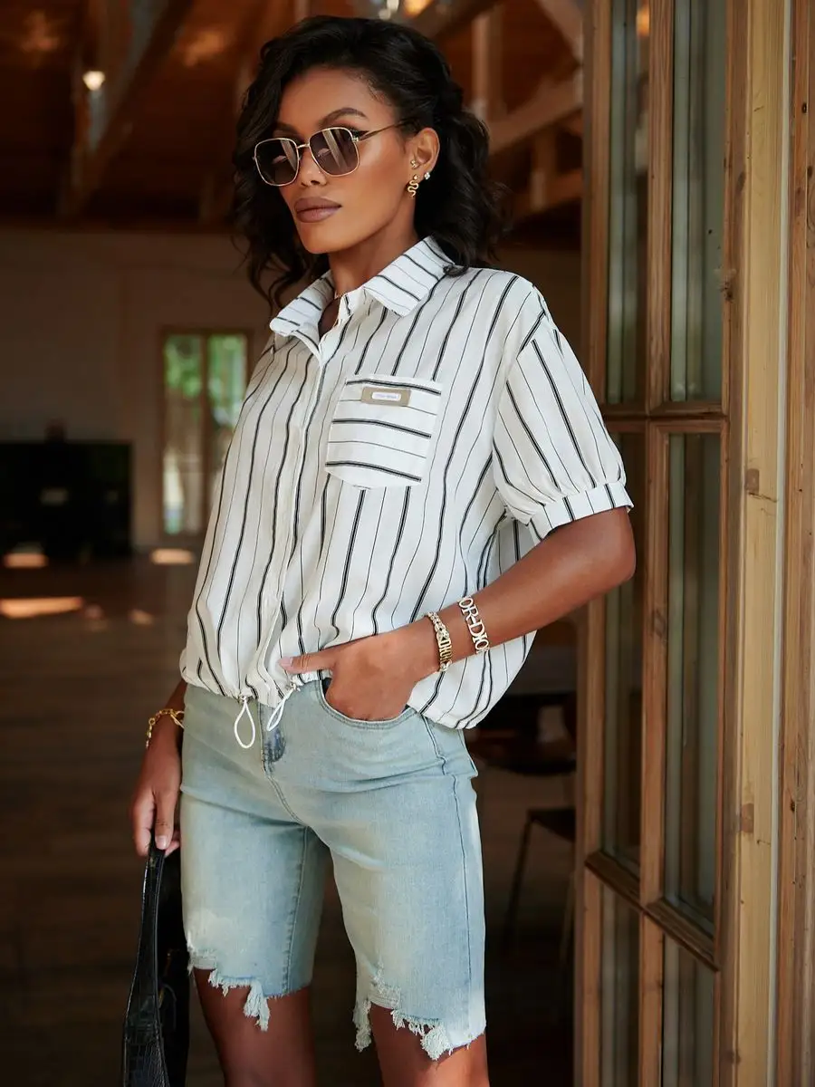 Черная рубашка офисная короткая