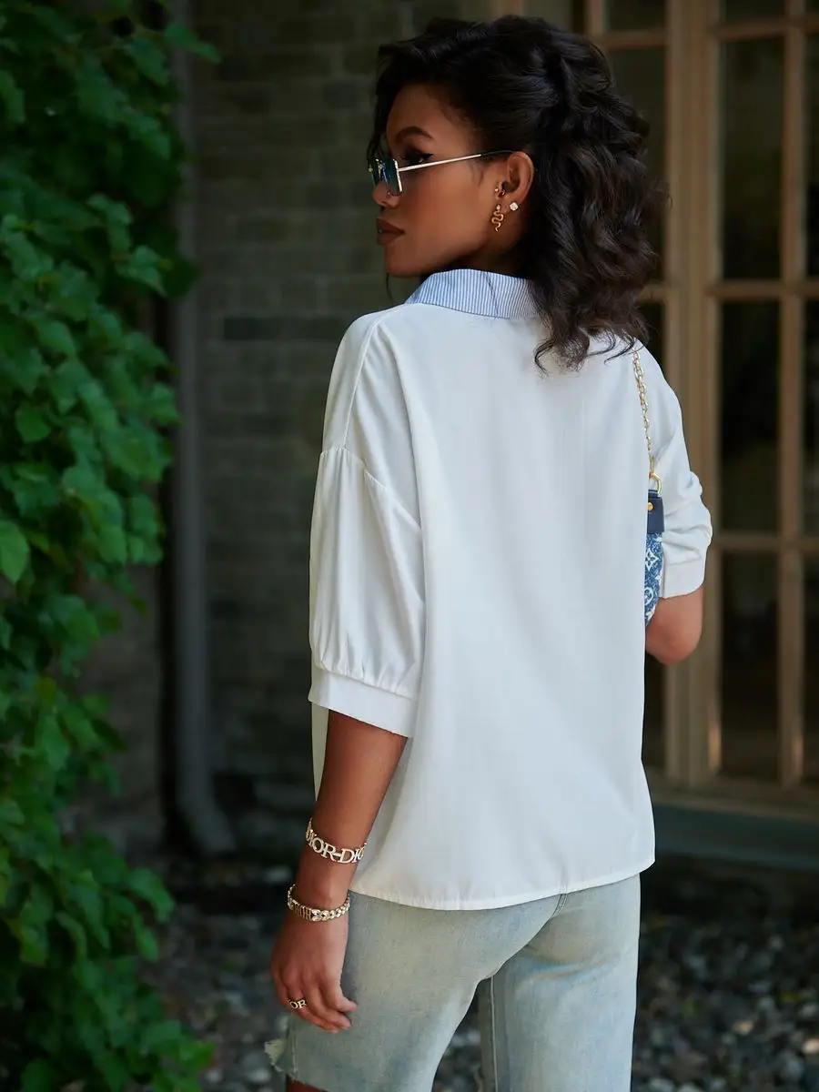 Голубая рубашка офисная короткая