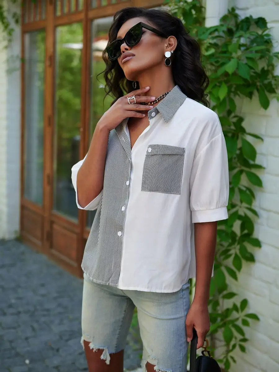 Черная рубашка офисная короткая