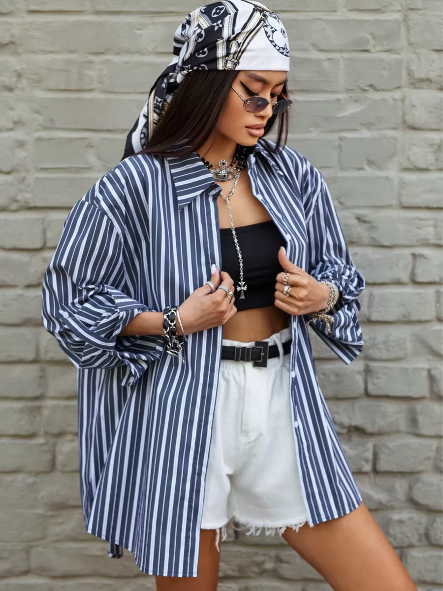 Черная рубашка оверсайз удлиненная в полоску