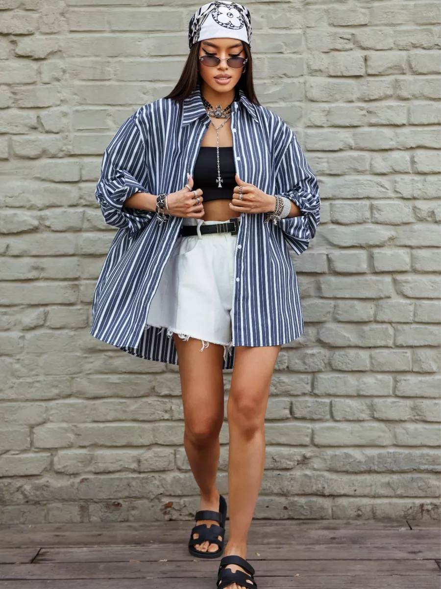 Черная рубашка оверсайз удлиненная в полоску