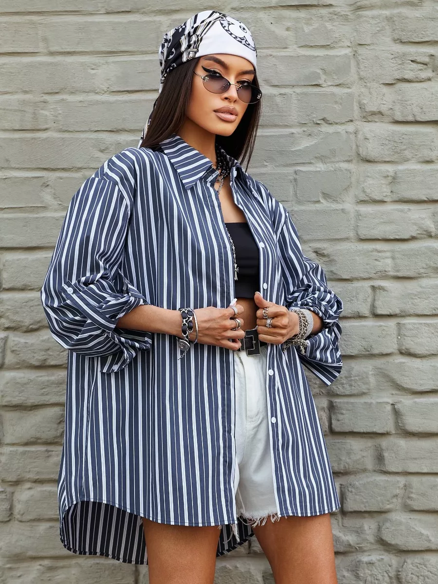 Черная рубашка оверсайз удлиненная в полоску