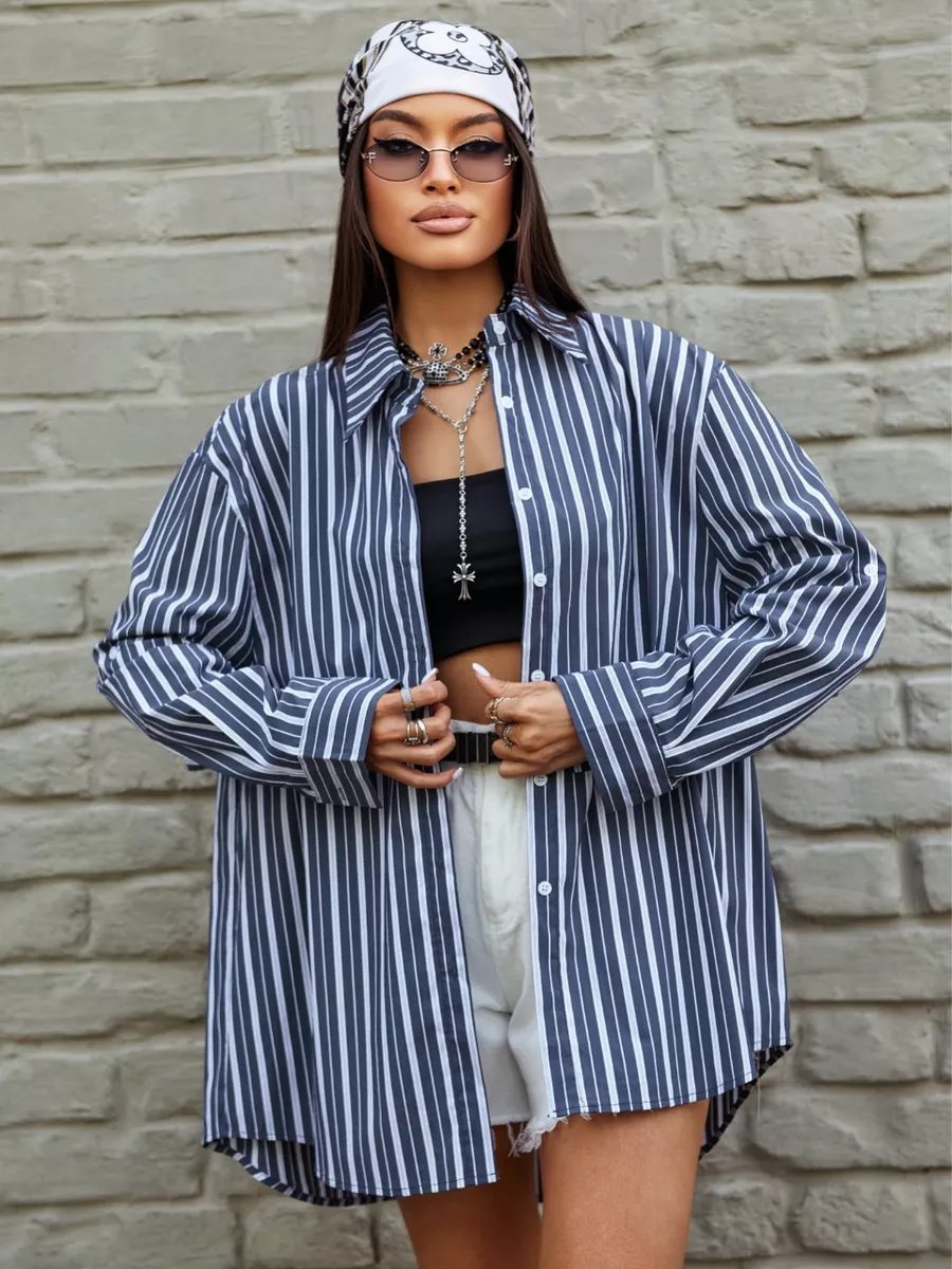 Черная рубашка оверсайз удлиненная в полоску