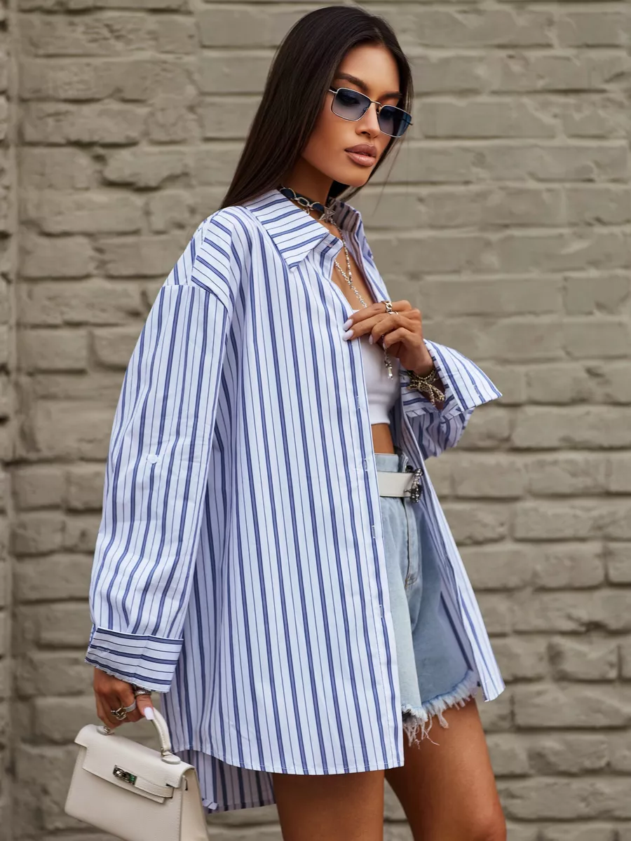 Белая рубашка оверсайз удлиненная в полоску